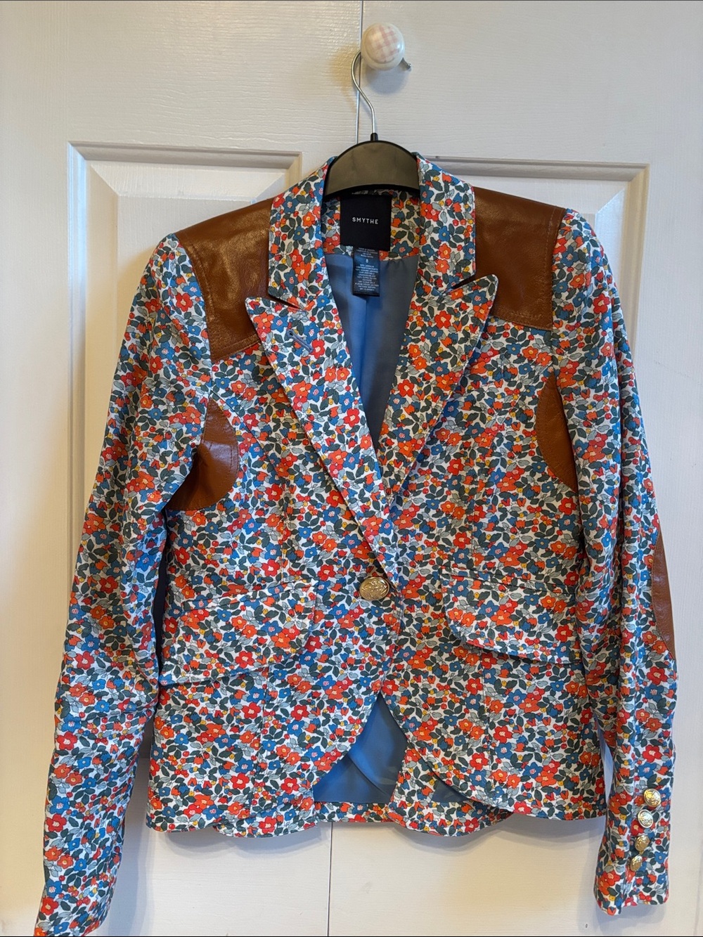 SMYTHE Floral Blazer with Brown Leather Trim - Red, Blue, White